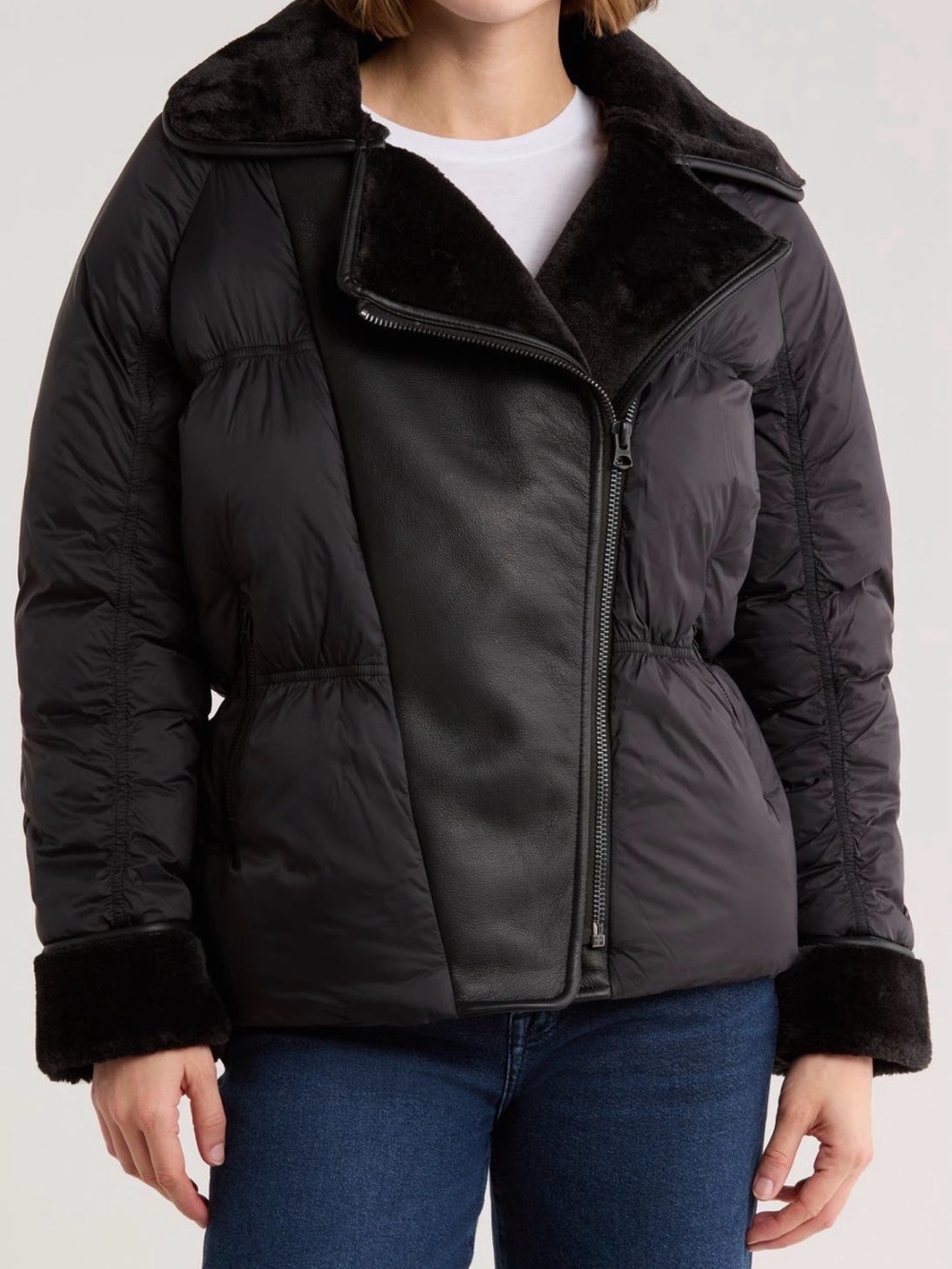Hudson Faux Mixed Media Fur Collar Quilted Bomber Jacket Black Faux Leather M NW